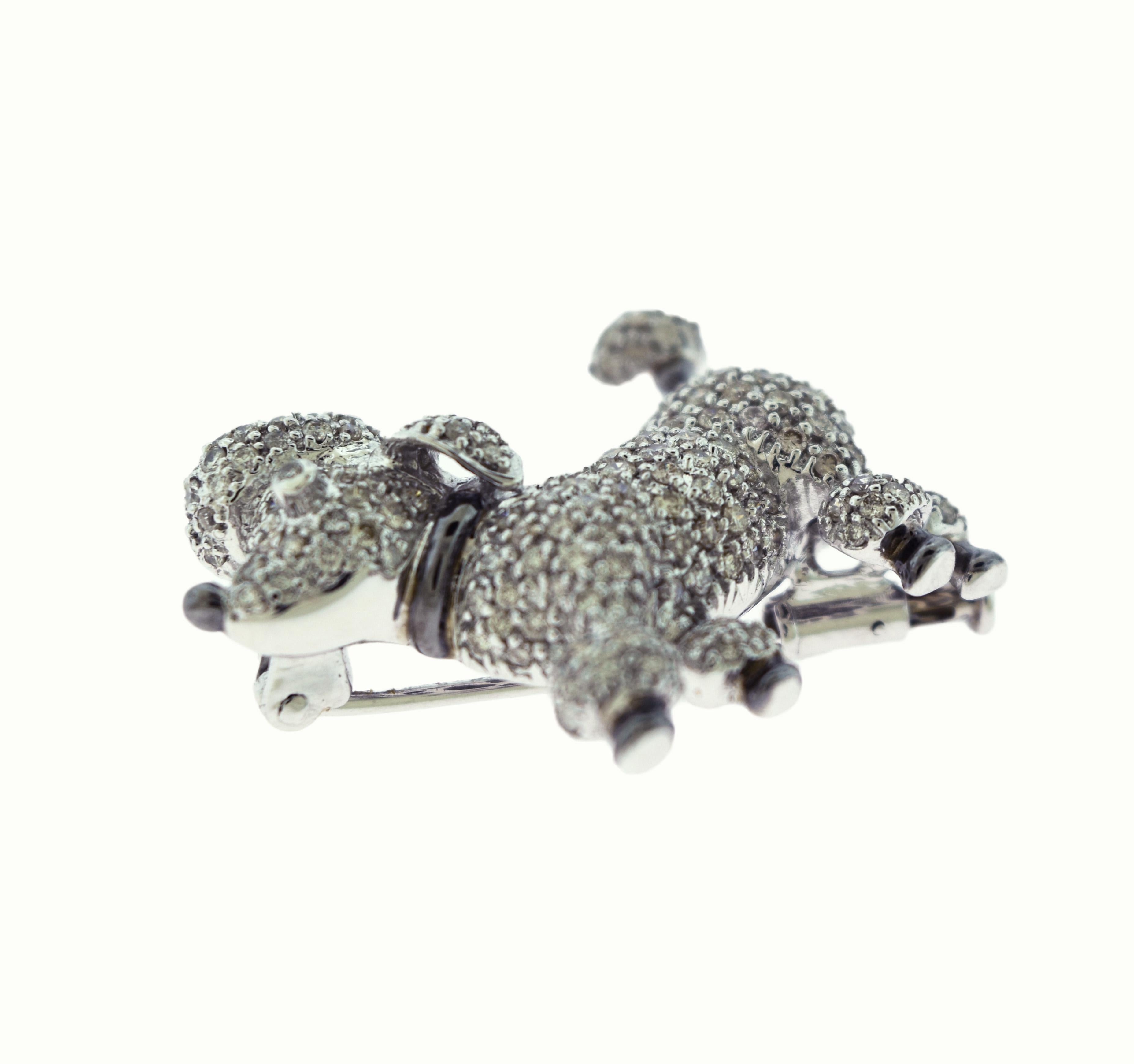 Round Diamond Dog Poodle Brooch, Pin, and Pendant in 18 Karat White Gold 1