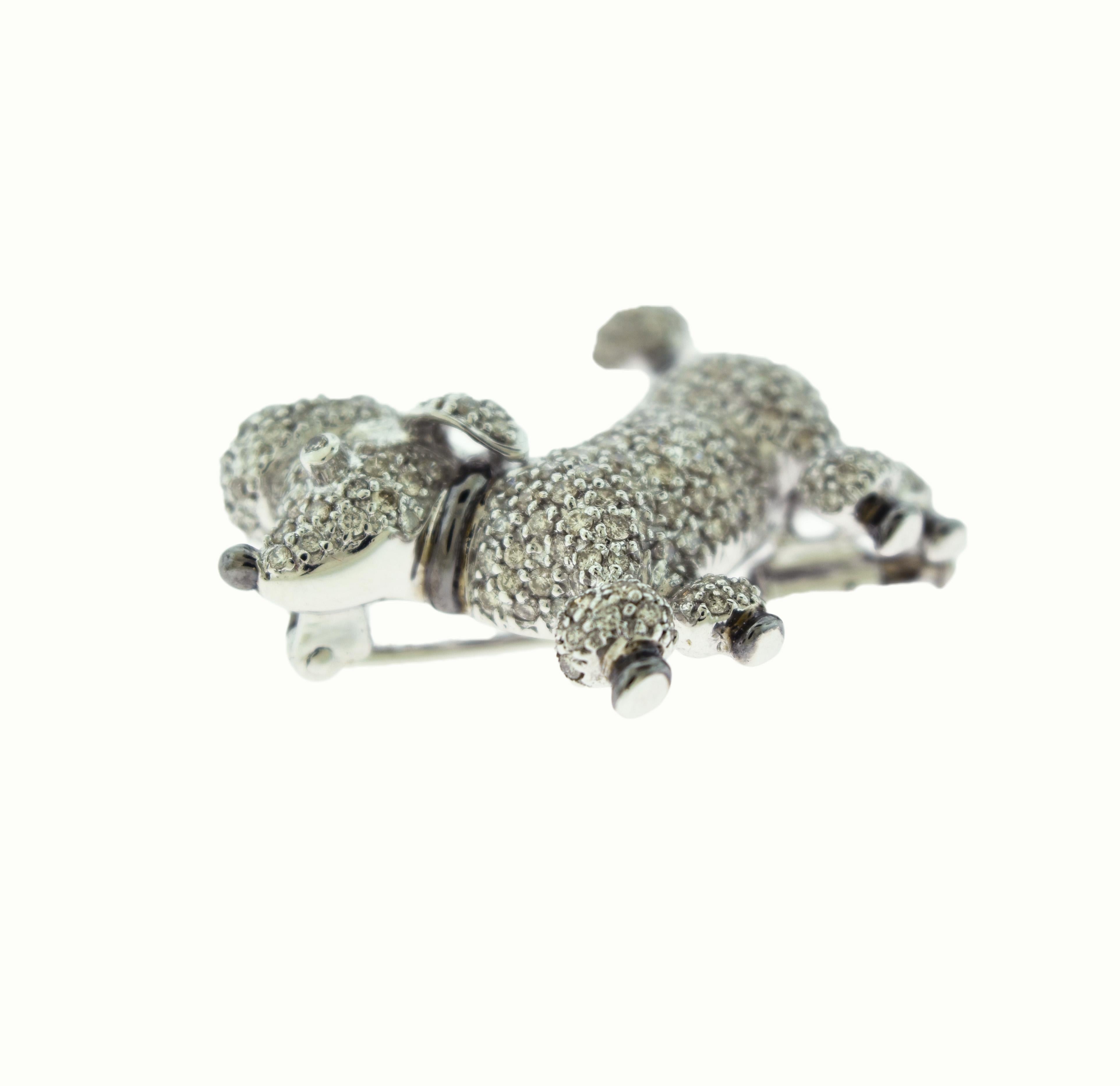 Round Diamond Dog Poodle Brooch, Pin, and Pendant in 18 Karat White Gold 2