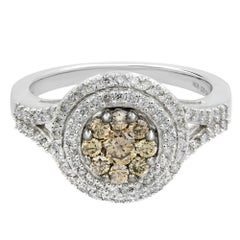 Round Diamond Double Halo Split Shank Champagne Cluster Ring 0.75 Carat