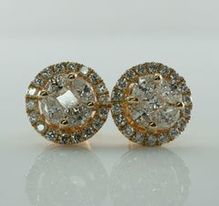Round Diamond Earrings 14K Gold Cluster Studs 1.16 ctw