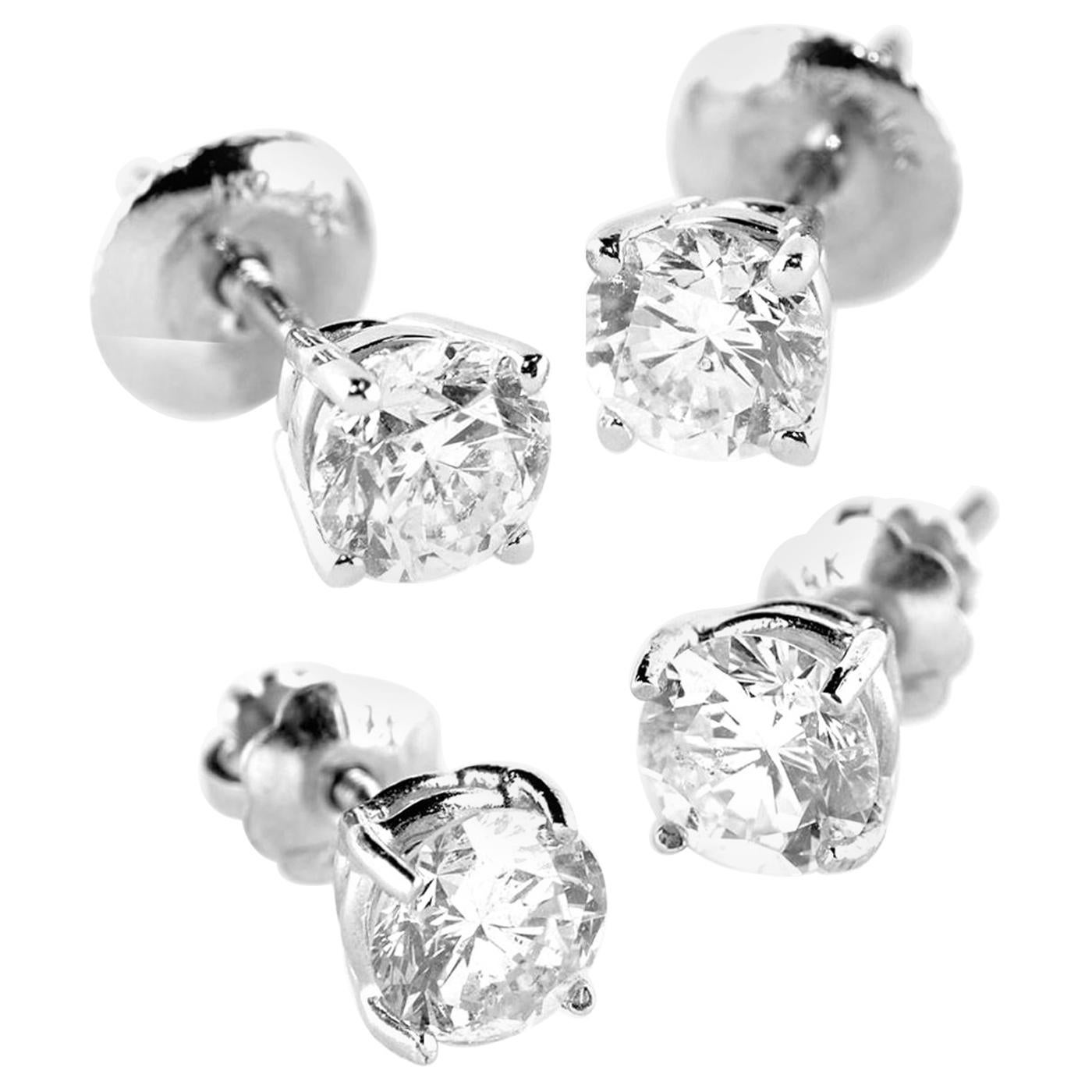  Round Diamond Stud Earrings Pair 14k 1.01ct tw  4-Prong Martini Setting Basket For Sale