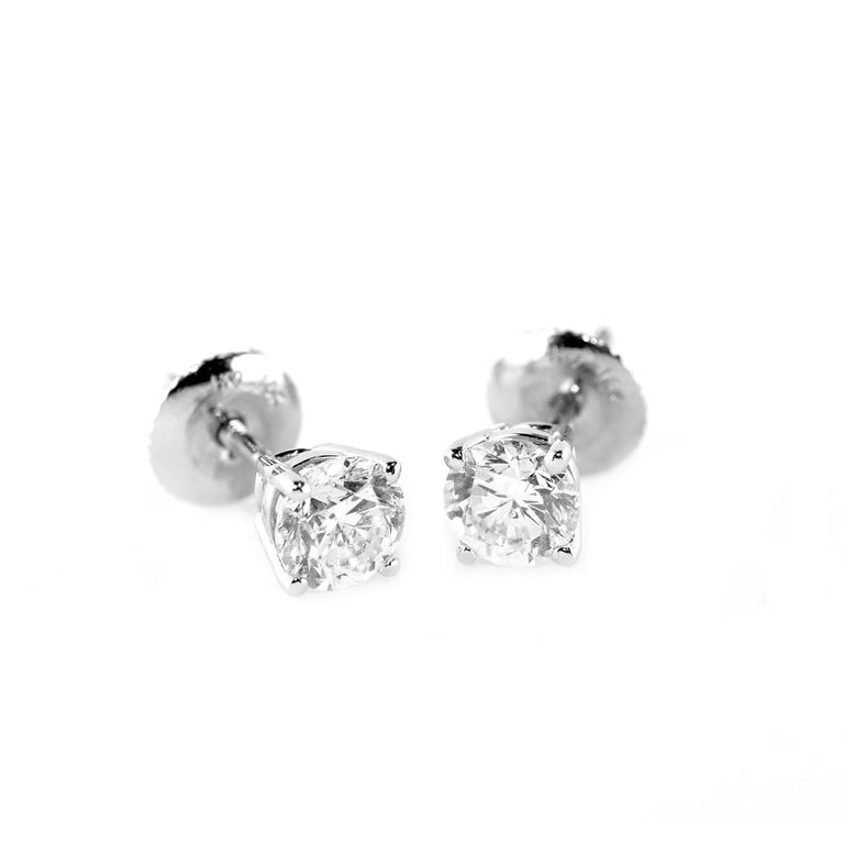 Round Diamond Stud Earrings Pair 14k 1.01ct tw 4Prong Martini Setting Basket For Sale at