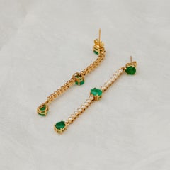 14K Gold Emerald 3.52 Ct & Diamond 1.44 Ct Linear Drop Earrings Wedding Gift