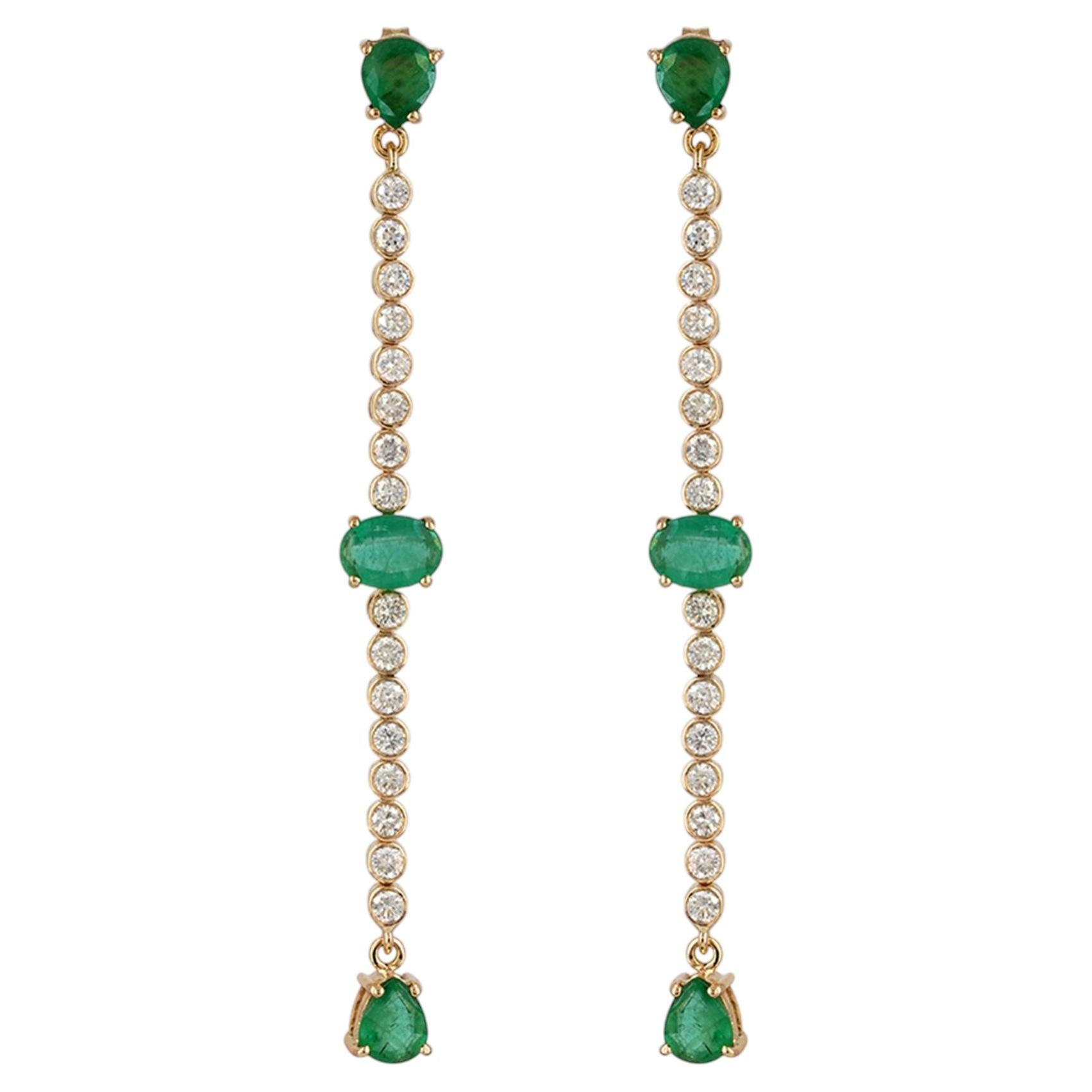 14K Gold Emerald 3.52 Ct & Diamond 1.44 Ct Linear Drop Earrings Wedding Gift