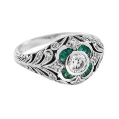 Round Diamond & Emerald Edwardian Style Floral Engraved 14K White Gold Ring