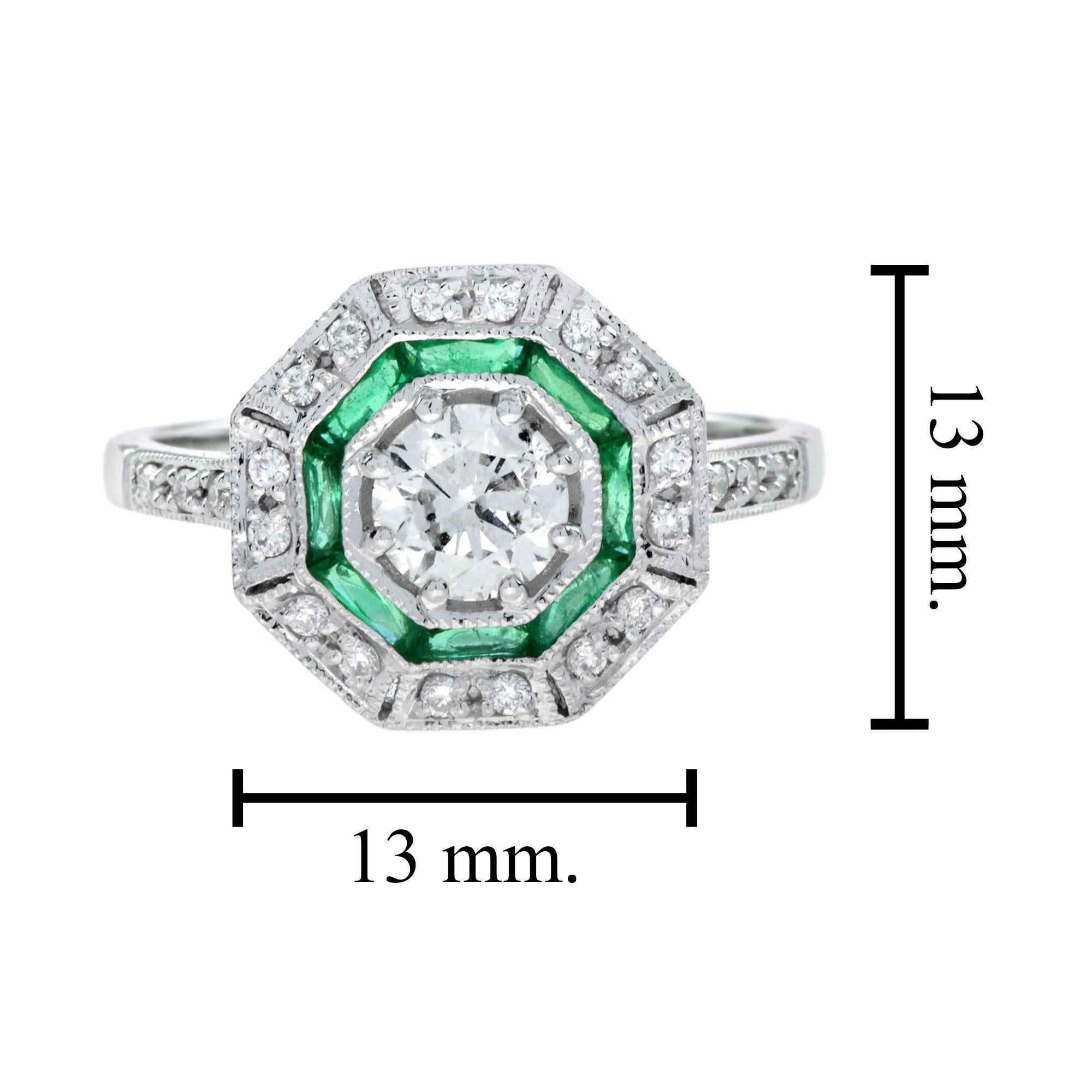 Runder Diamant & Smaragd Halo Set Achteckige Form Art Deco Stil Weißgold Ring im Angebot 4