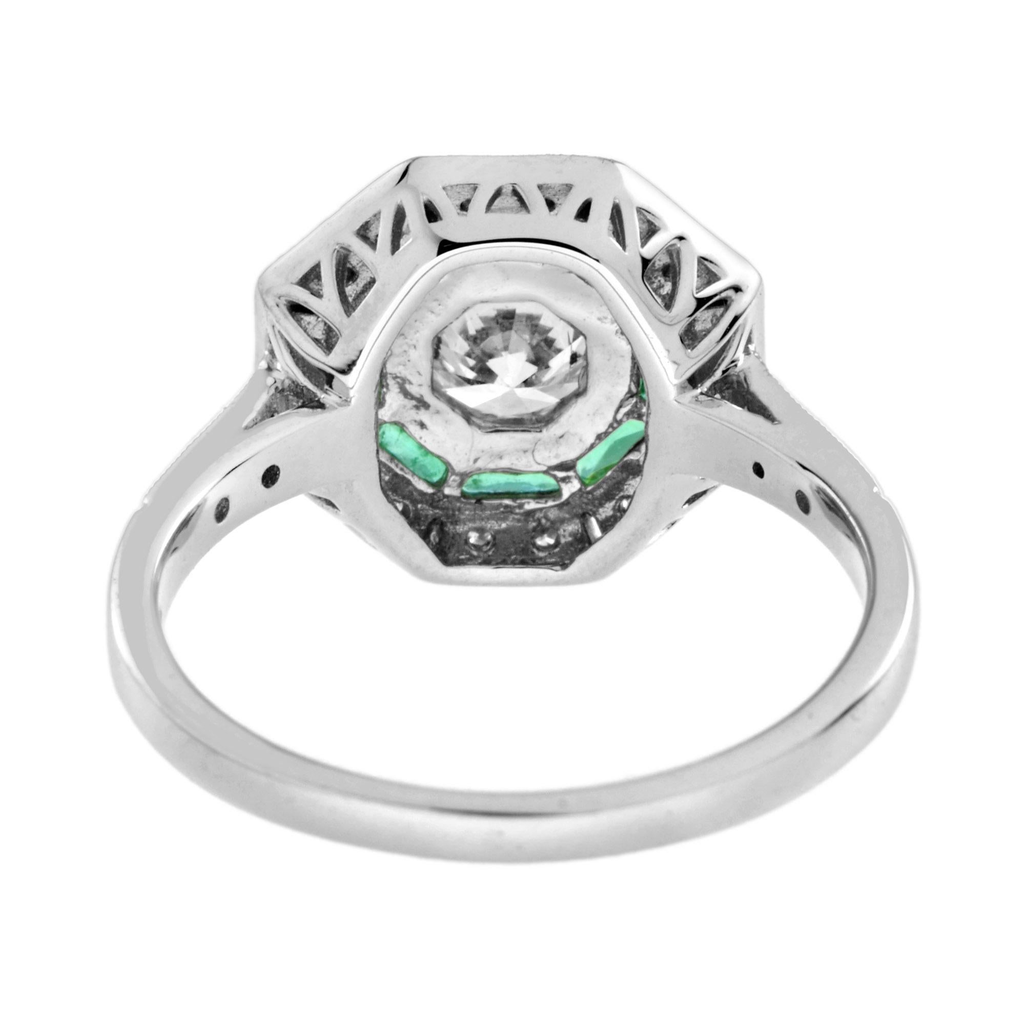 Runder Diamant & Smaragd Halo Set Achteckige Form Art Deco Stil Weißgold Ring (Rundschliff) im Angebot