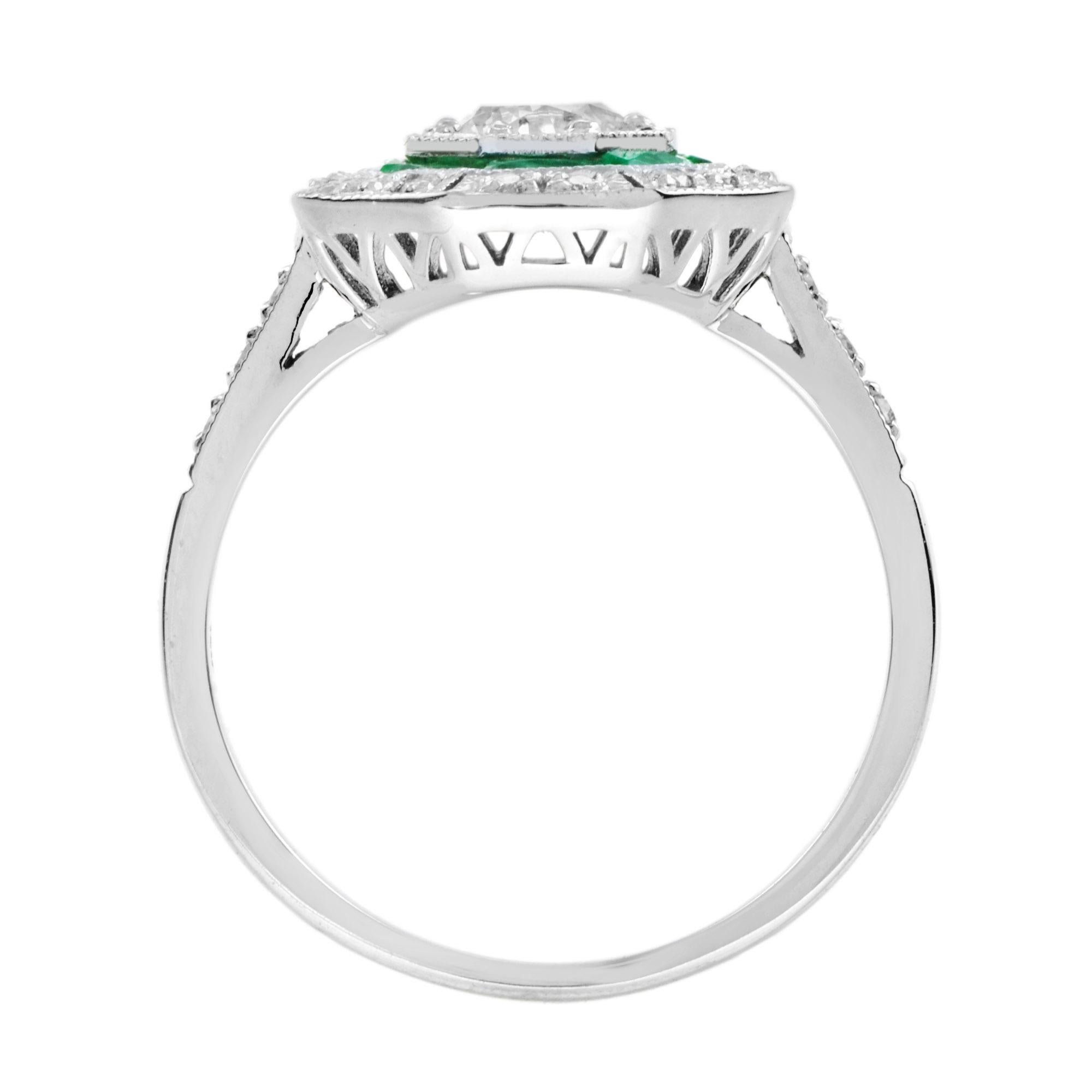 Runder Diamant & Smaragd Halo Set Achteckige Form Art Deco Stil Weißgold Ring im Zustand „Neu“ im Angebot in Oakton, VA