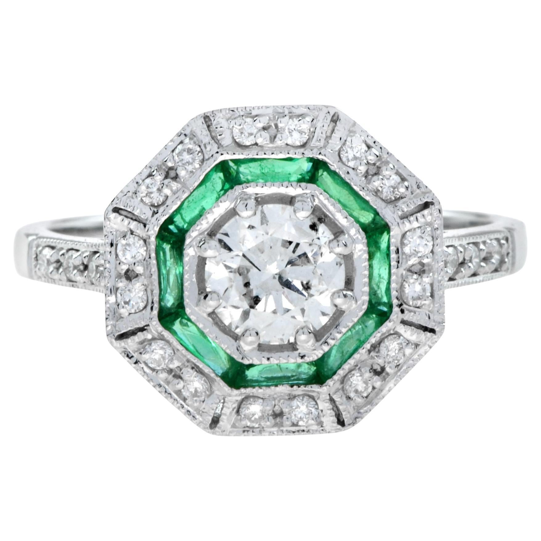 Round Diamond & Emerald Halo Set Octagonal Shape Art Deco Style White Gold Ring