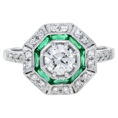 Round Diamond & Emerald Halo Set Octagonal Shape Art Deco Style White Gold Ring