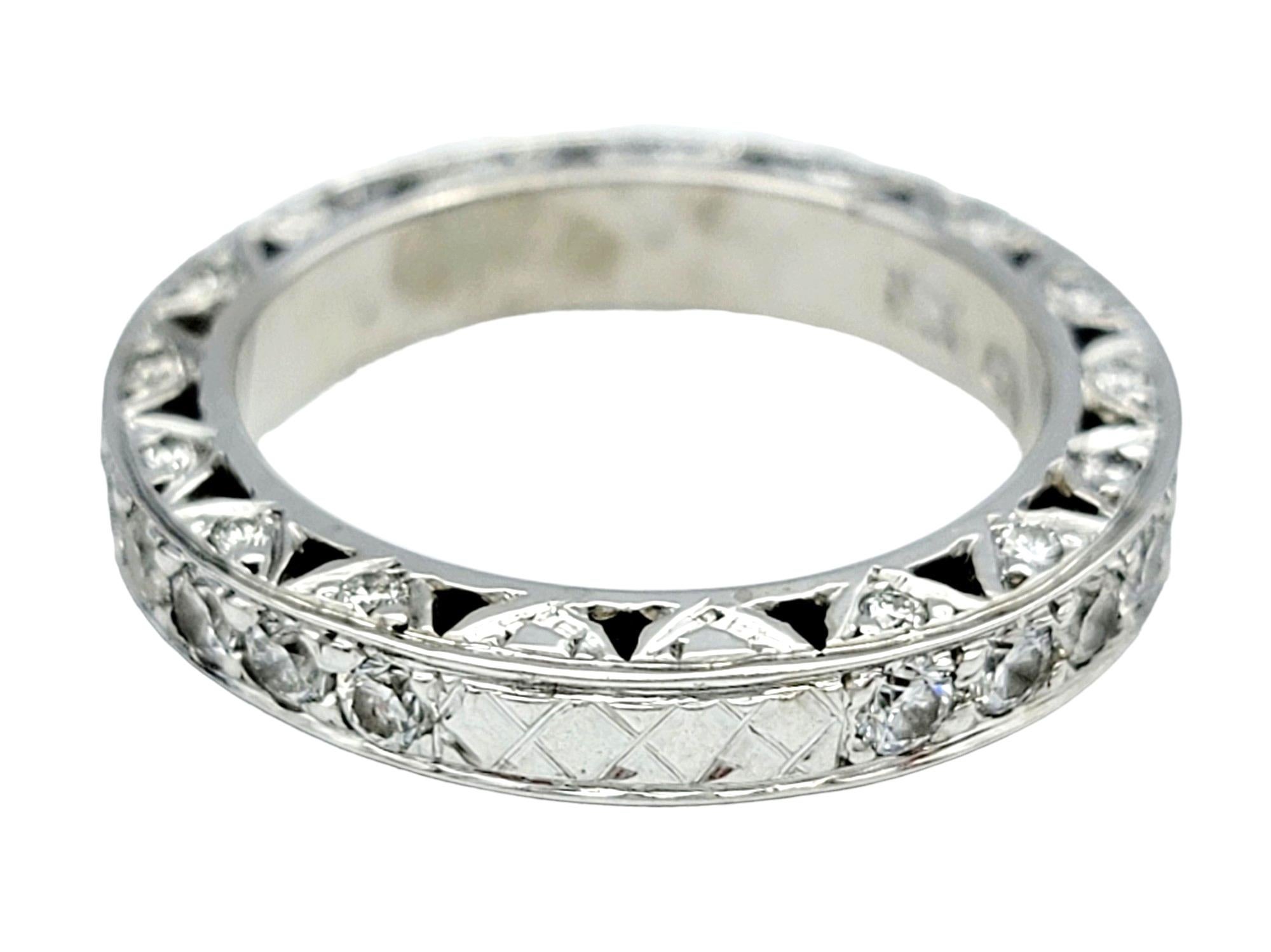 Women's or Men's Round Diamond Encrusted Eternity Style Band Ring Set in 19 Karat White Gold For Sale