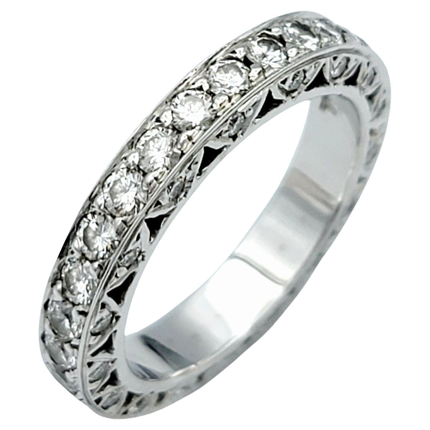 Round Diamond Encrusted Eternity Style Band Ring Set in 19 Karat White Gold For Sale