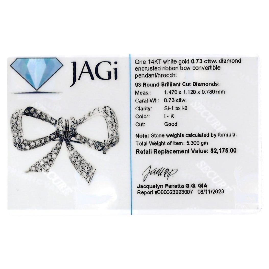 Round Diamond Encrusted Ribbon Bow Brooch / Pendant in 14 Karat White Gold For Sale 2