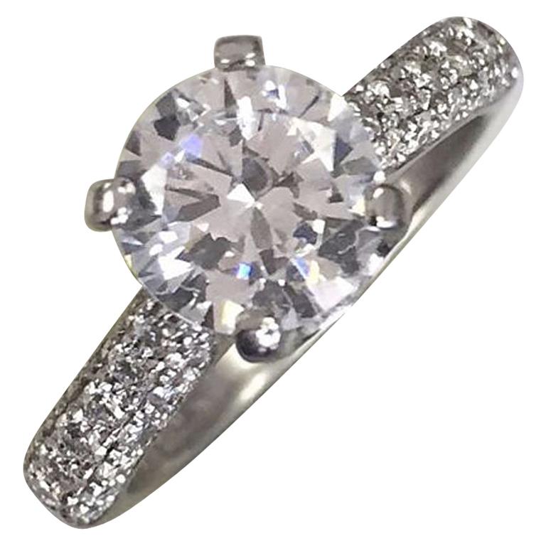 Round Diamond Engagement Ring, 2 Carat Platinum Diamonds Down Shank