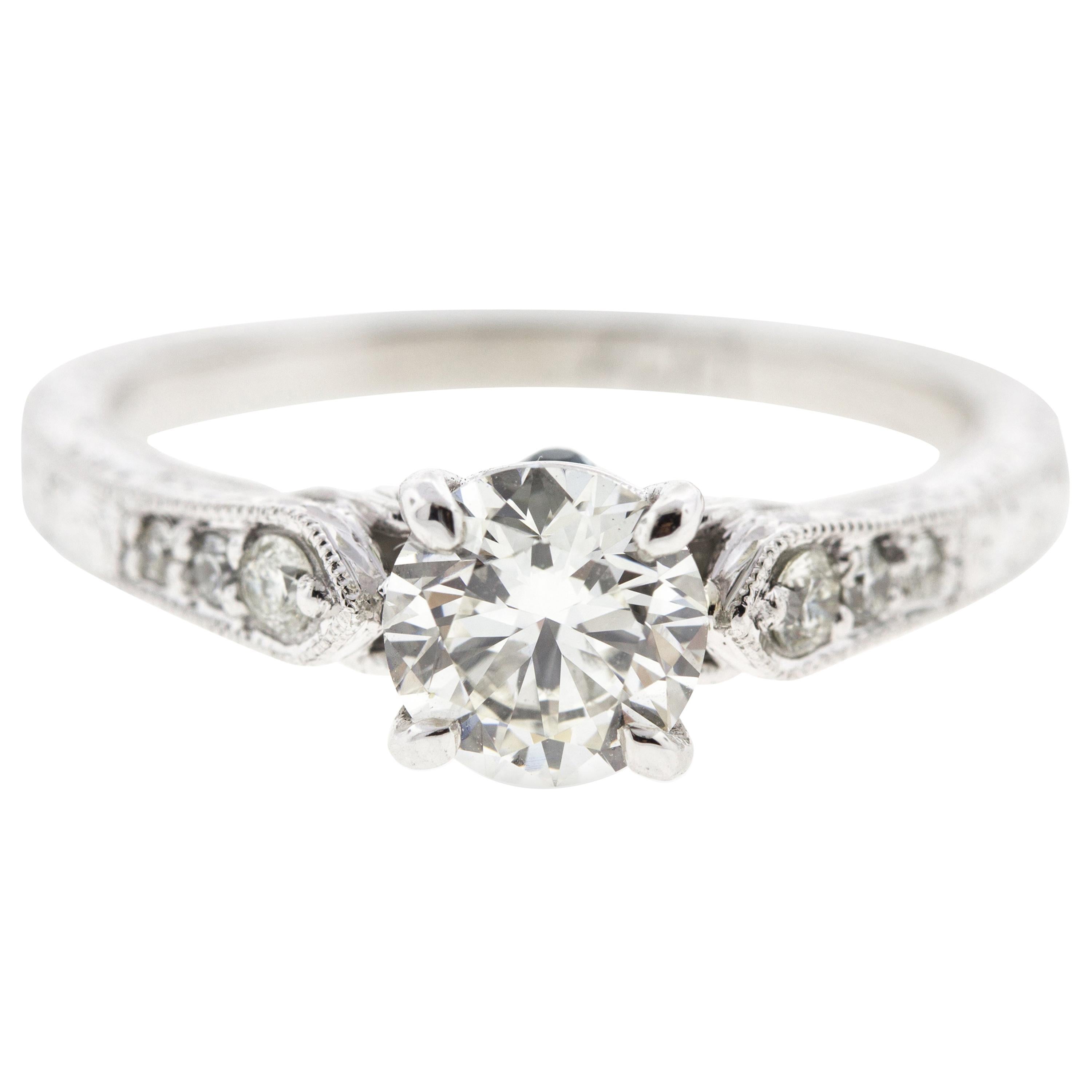 Round Diamond Engagement Ring, Channel Set Side Diamonds and Engraving 'Certed' For Sale