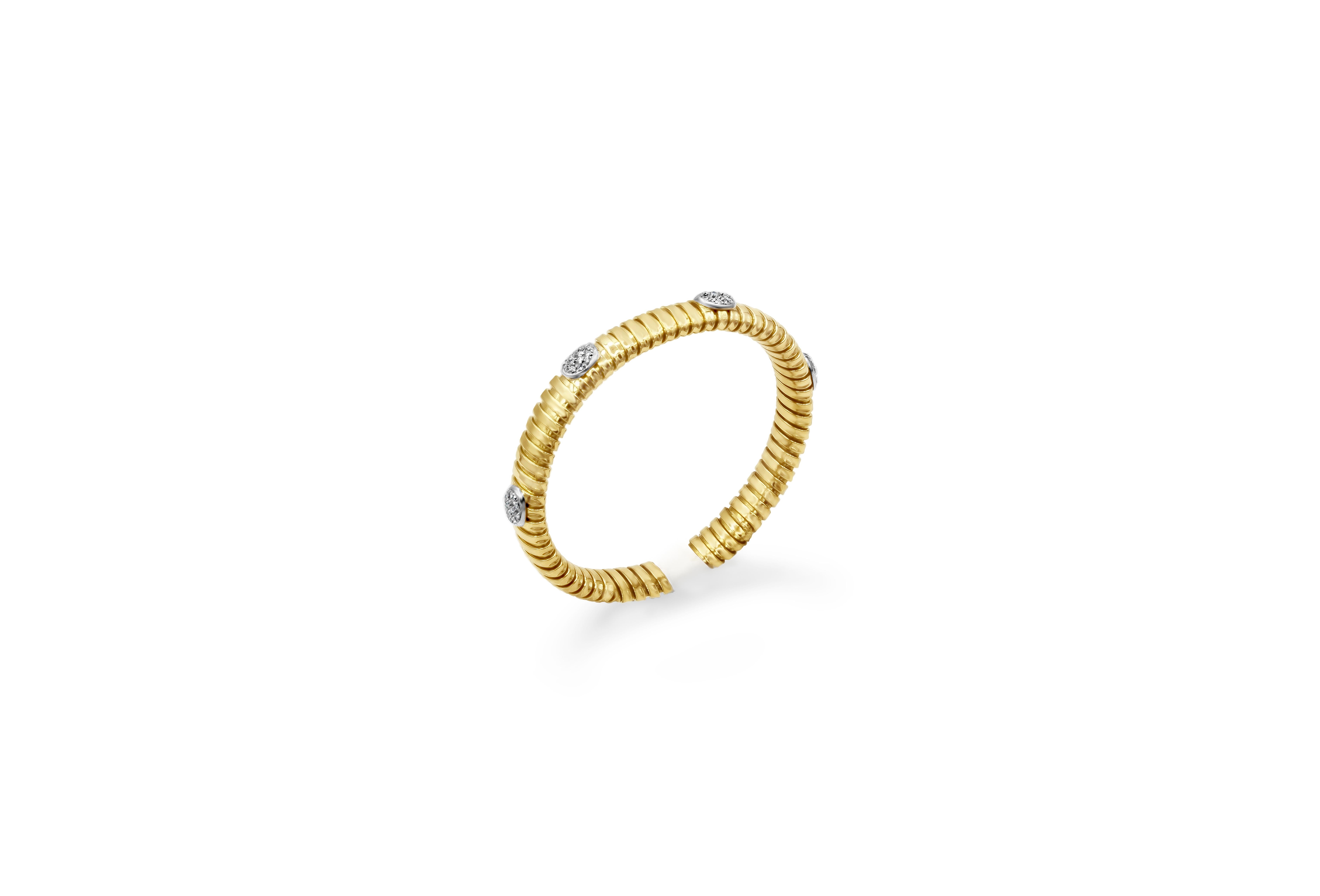 A fashionable and vibrant cuff bracelet in a chic spiral design made in 18k White Gold and Yellow Gold. Accented with micro-pave of 42 pieces of round brilliant diamonds weighing 0.37 carats total. Approximately 27.18 grams.

Style available in