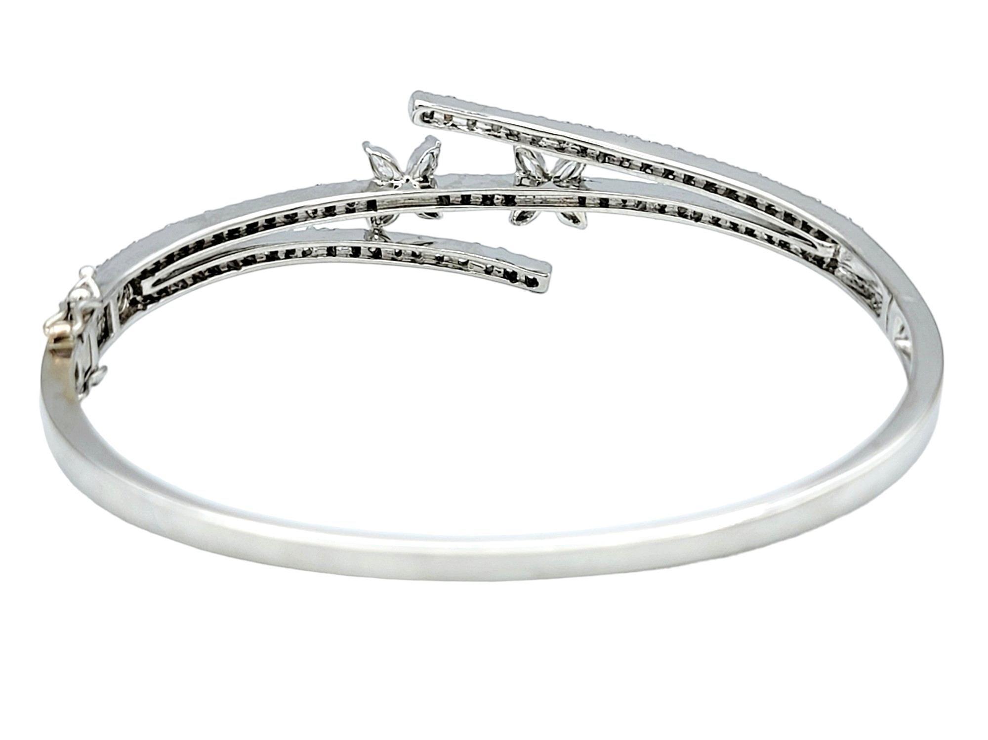 Contemporary Round Diamond Floral Bypass Style Bangle Bracelet Set in 18 Karat White Gold For Sale