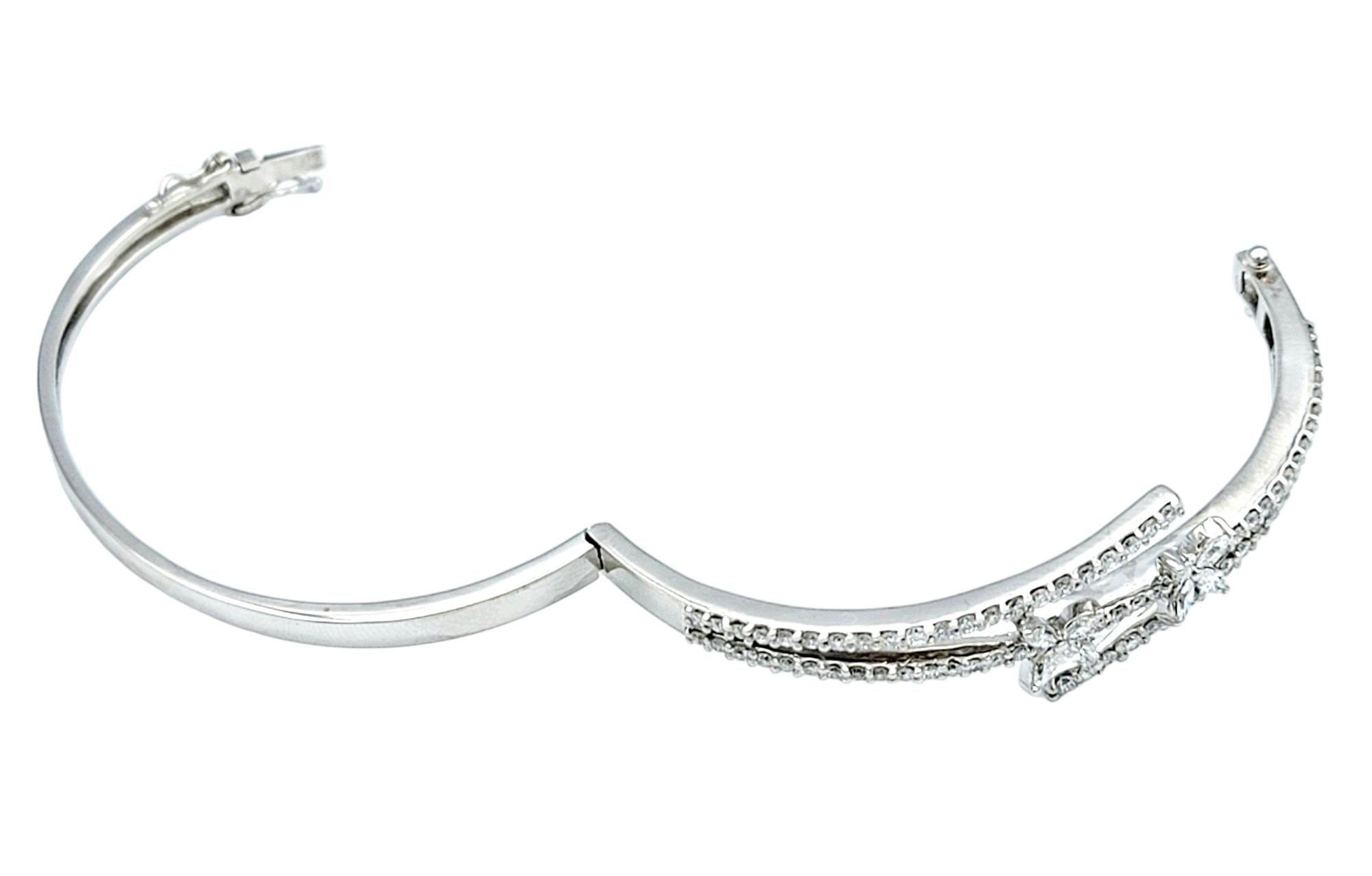 Women's Round Diamond Floral Bypass Style Bangle Bracelet Set in 18 Karat White Gold For Sale