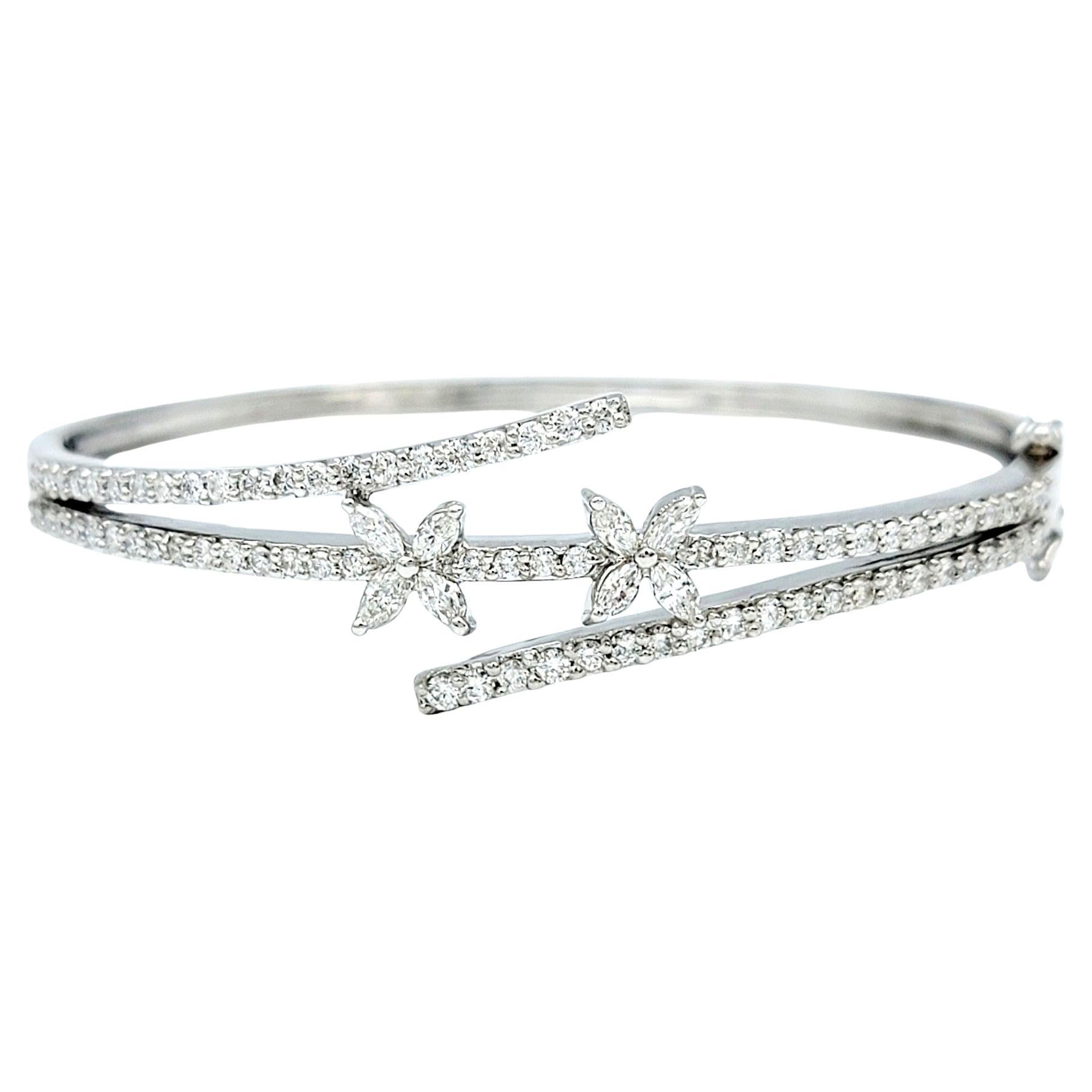 Round Diamond Floral Bypass Style Bangle Bracelet Set in 18 Karat White Gold For Sale