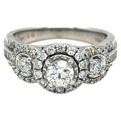 Round Diamond Floral Cluster Three Stone Halo Ring Set in 14k White Gold