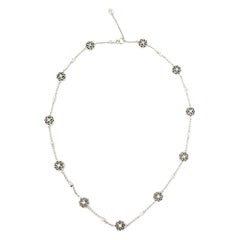 Vintage Round Diamond Floral Heart Motif Circle Station Necklace in 18 Karat White Gold