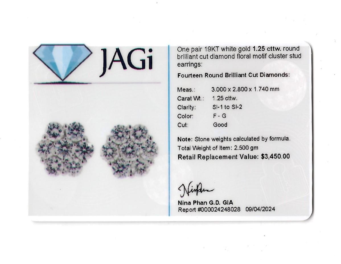 Round Diamond Floral Motif Cluster Stud Earrings in Polished 19 Karat White Gold For Sale 4