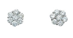 Round Diamond Floral Motif Cluster Stud Earrings in Polished 19 Karat White Gold