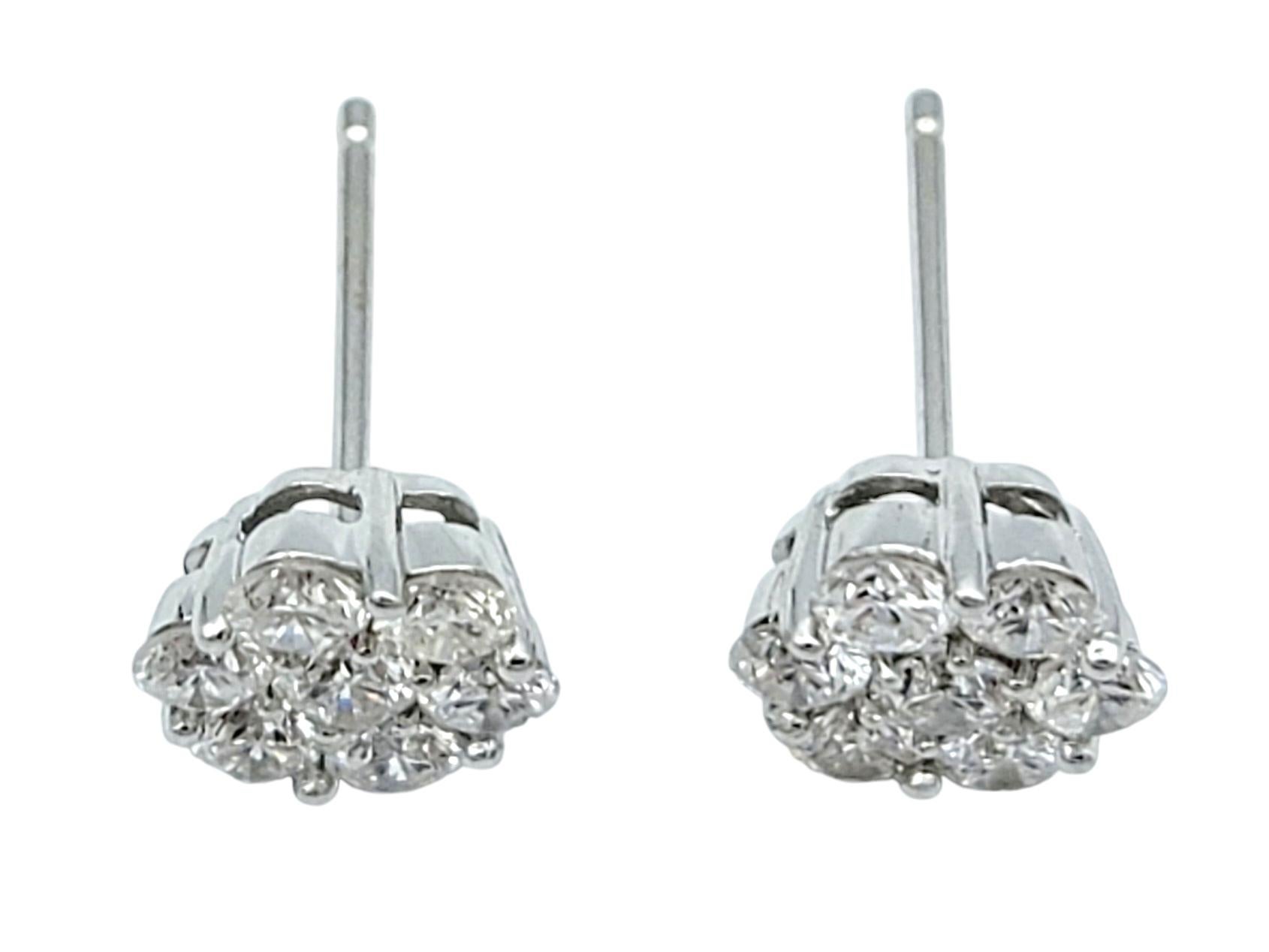 Round Diamond Floral Motif Cluster Stud Earrings in Polished 19 Karat White Gold In Good Condition For Sale In Scottsdale, AZ