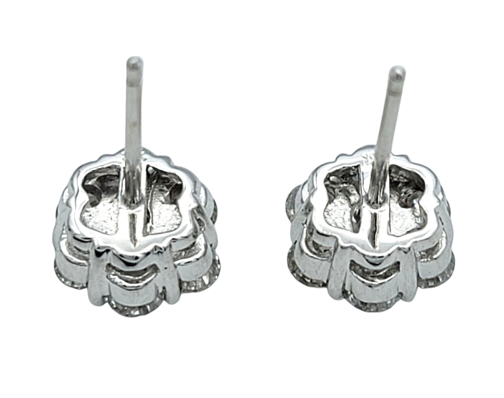 Women's Round Diamond Floral Motif Cluster Stud Earrings in Polished 19 Karat White Gold For Sale
