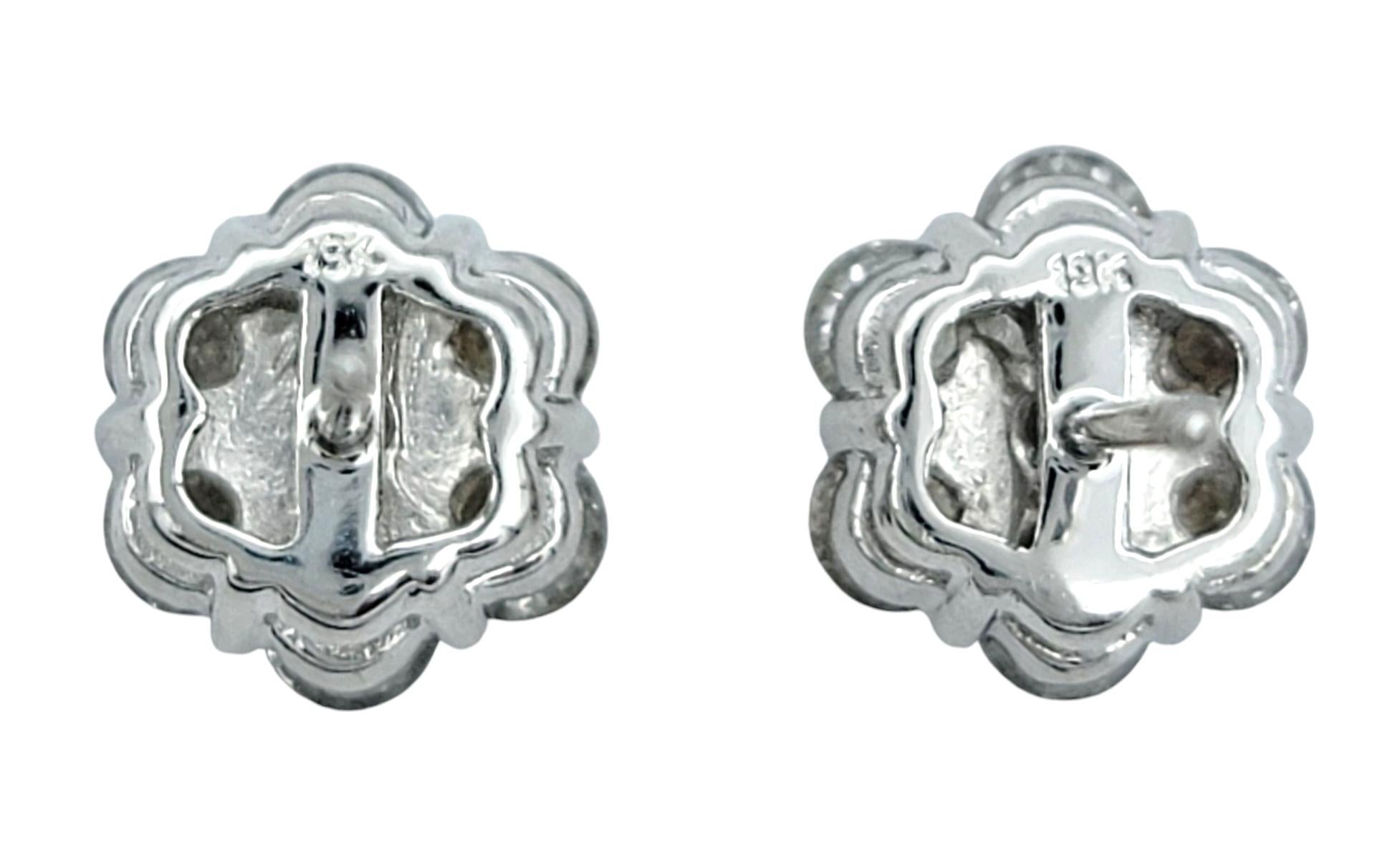 Round Diamond Floral Motif Cluster Stud Earrings in Polished 19 Karat White Gold For Sale 1