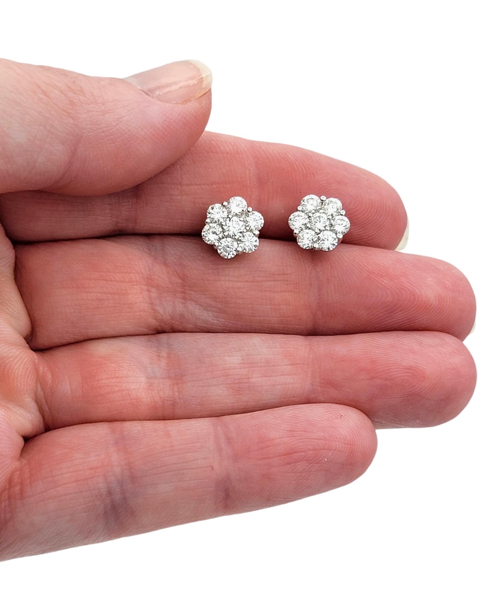 Round Diamond Floral Motif Cluster Stud Earrings in Polished 19 Karat White Gold For Sale 2