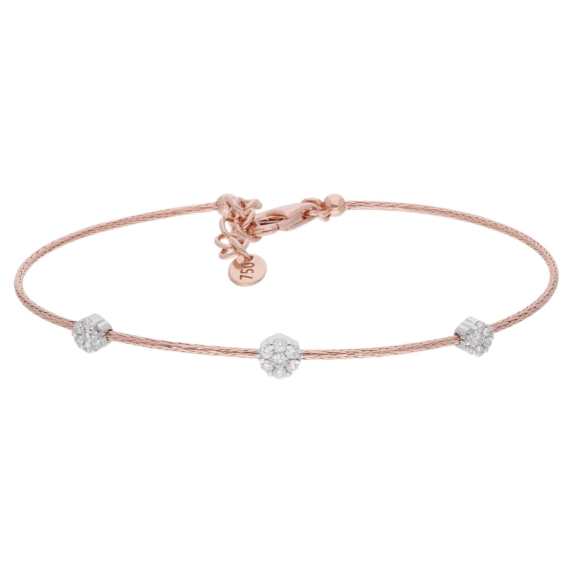 Round Diamond Flower Charm Bangle Adjustable Bracelet 18 Karat Rose Gold Jewelry