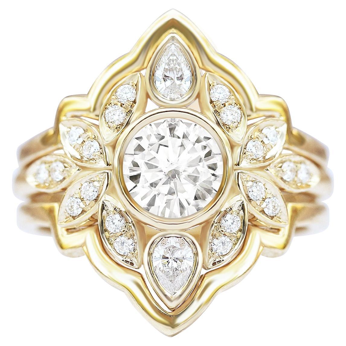 Round Diamond Flower Engagement Ring with Gold Ring Guard Lily #5 For ...