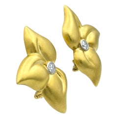 Large Flower Petal Earrings with Diamonds in Brushed 18 Karat Yellow Gold