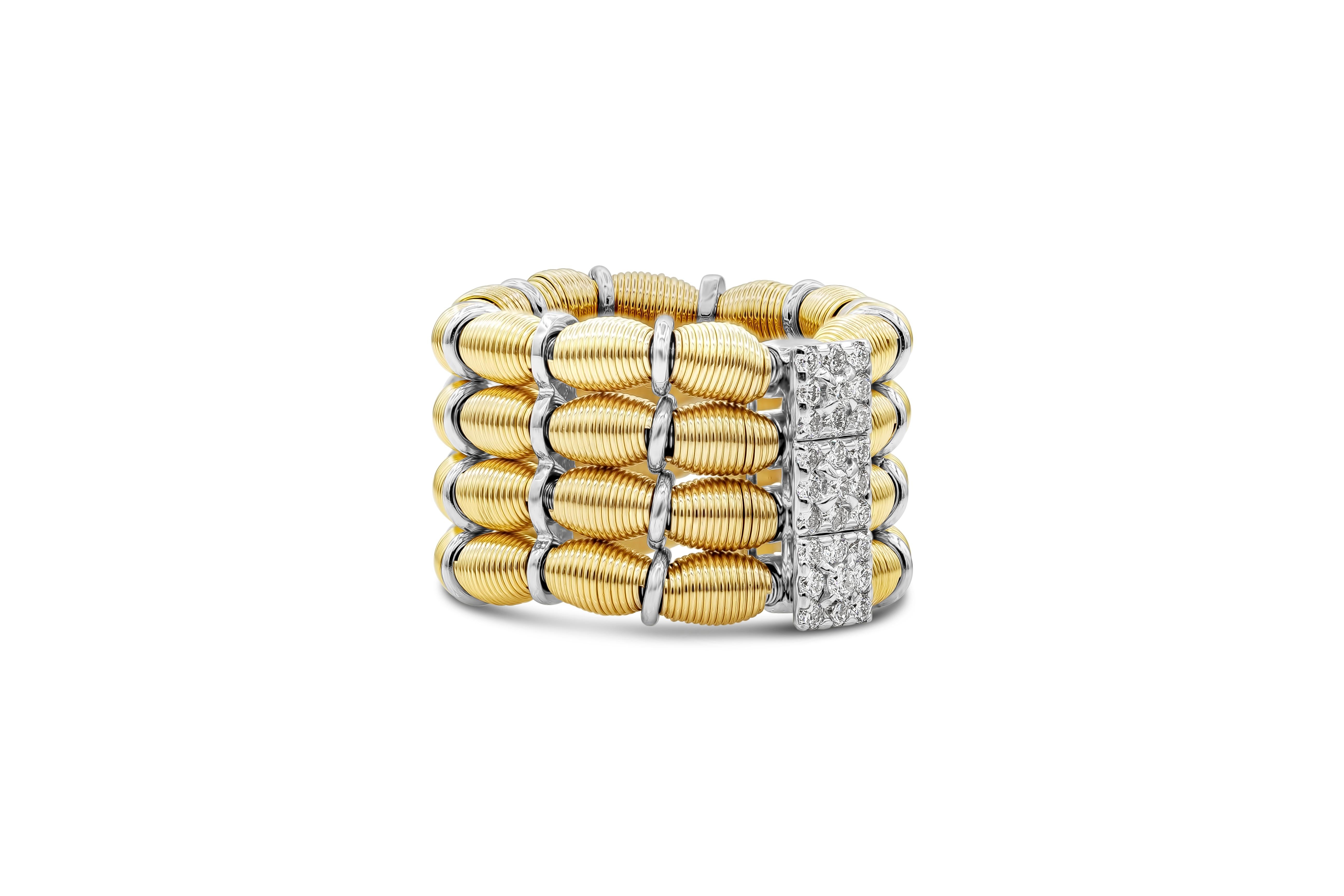 A unique and fashionable ring showcasing four rows of ribbed beads connected by an 18k white gold plate set with round diamonds. Diamonds weigh 0.22 carats total and are approximately F color, VS clarity. Flexible and expandable design. Size 6 US.