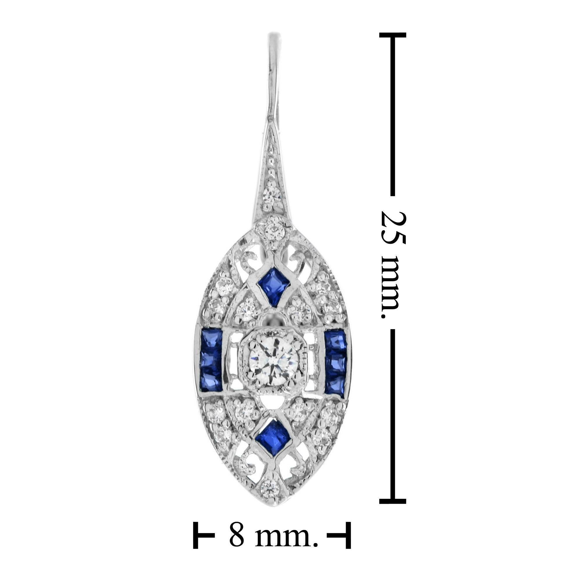 Round Diamond & French Cut Blue Sapphire Art Deco Style 14K White Gold Earrings In New Condition For Sale In Oakton, VA