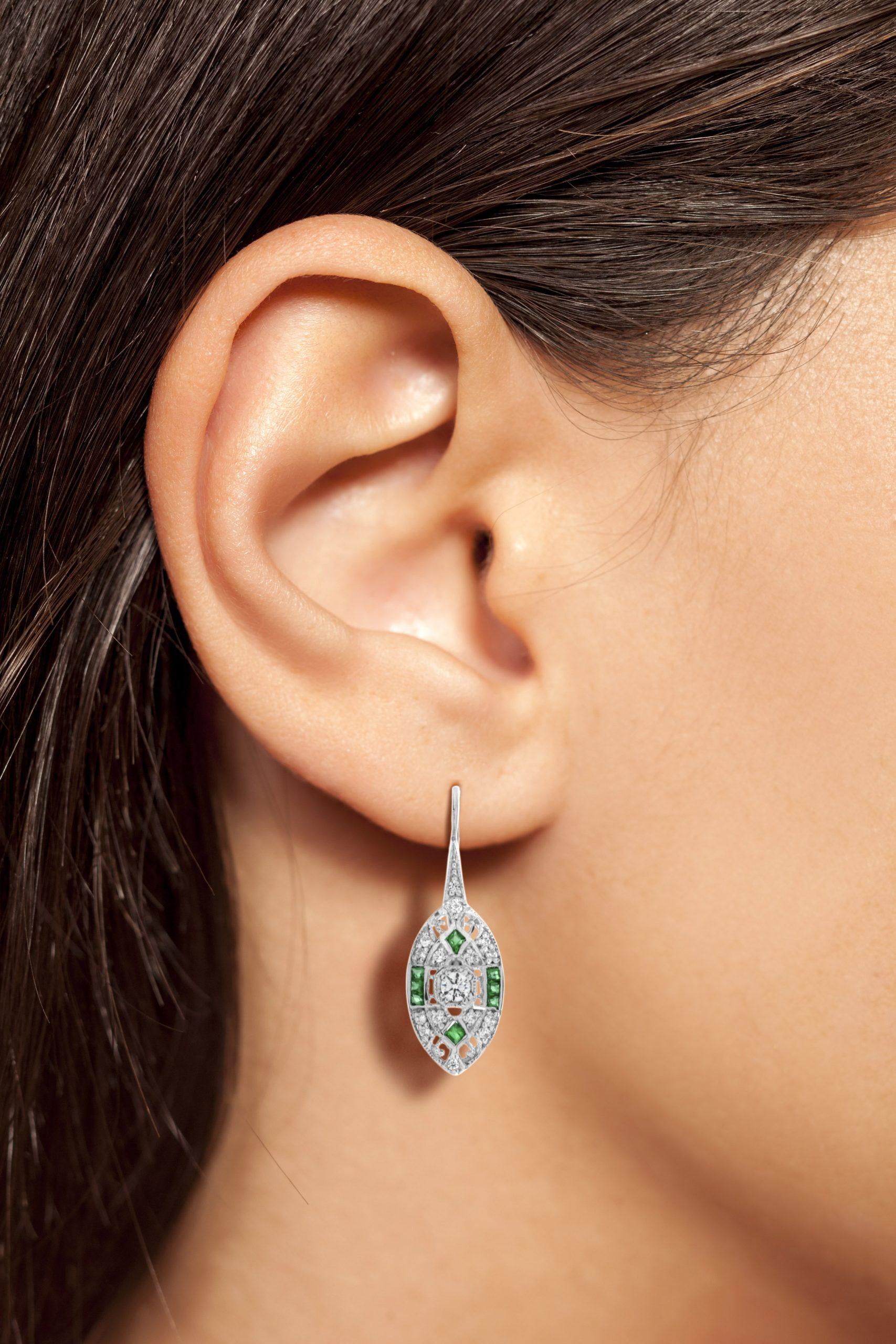 Round Cut Round Diamond & French Cut Green Emerald Art Deco Style 14K White Gold Earrings For Sale