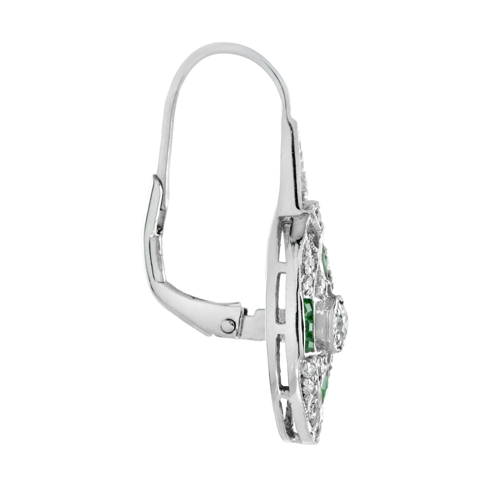 Round Diamond & French Cut Green Emerald Art Deco Style 14K White Gold Earrings In New Condition For Sale In Oakton, VA