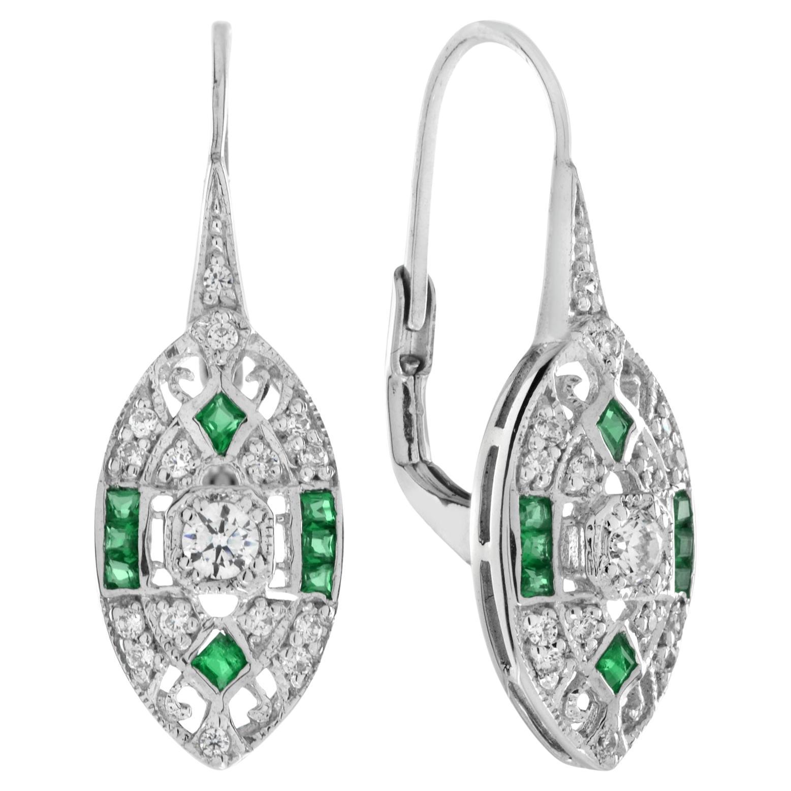 Round Diamond & French Cut Green Emerald Art Deco Style 14K White Gold Earrings