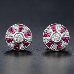Round Diamond & French Cut Red Pink Ruby Art Deco Style Stud White Gold Earrings