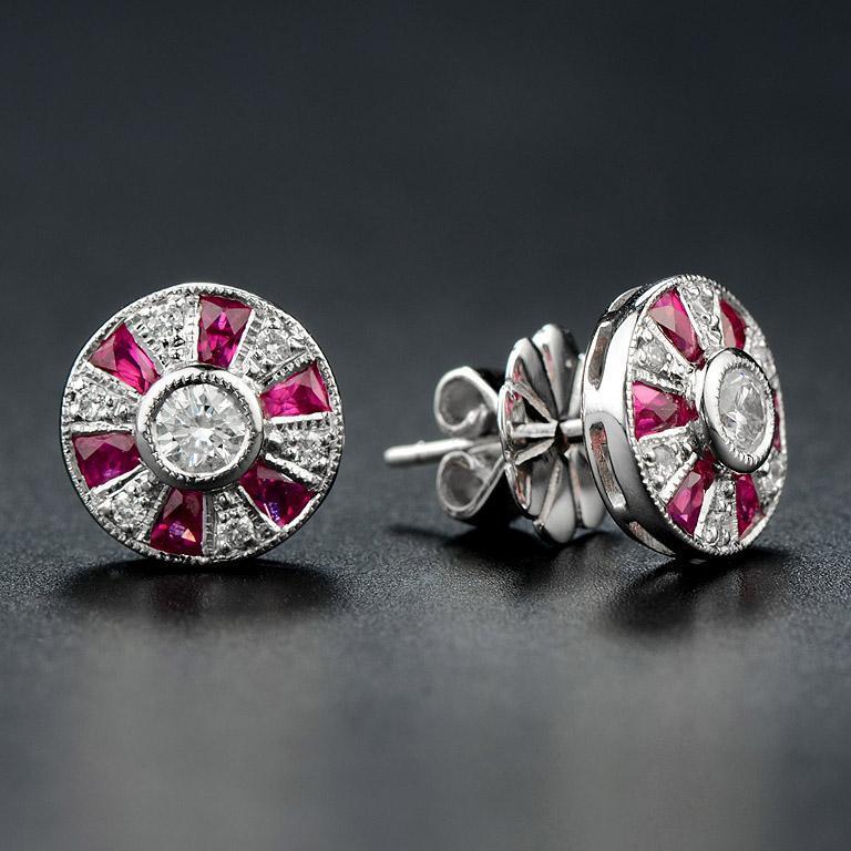 Round Cut Round Diamond & French Cut Red Pink Ruby Art Deco Style Stud White Gold Earrings For Sale