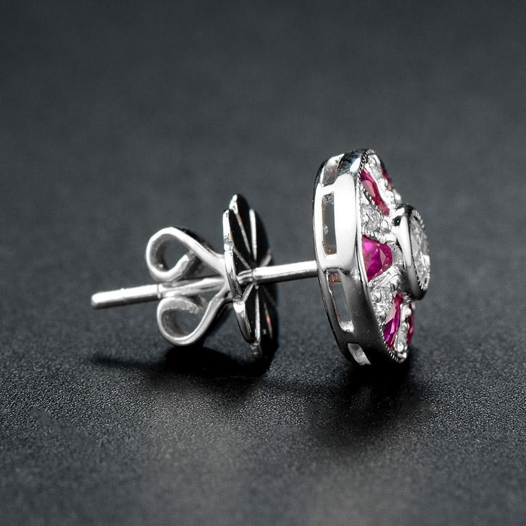 Round Diamond & French Cut Red Pink Ruby Art Deco Style Stud White Gold Earrings In New Condition For Sale In Oakton, VA