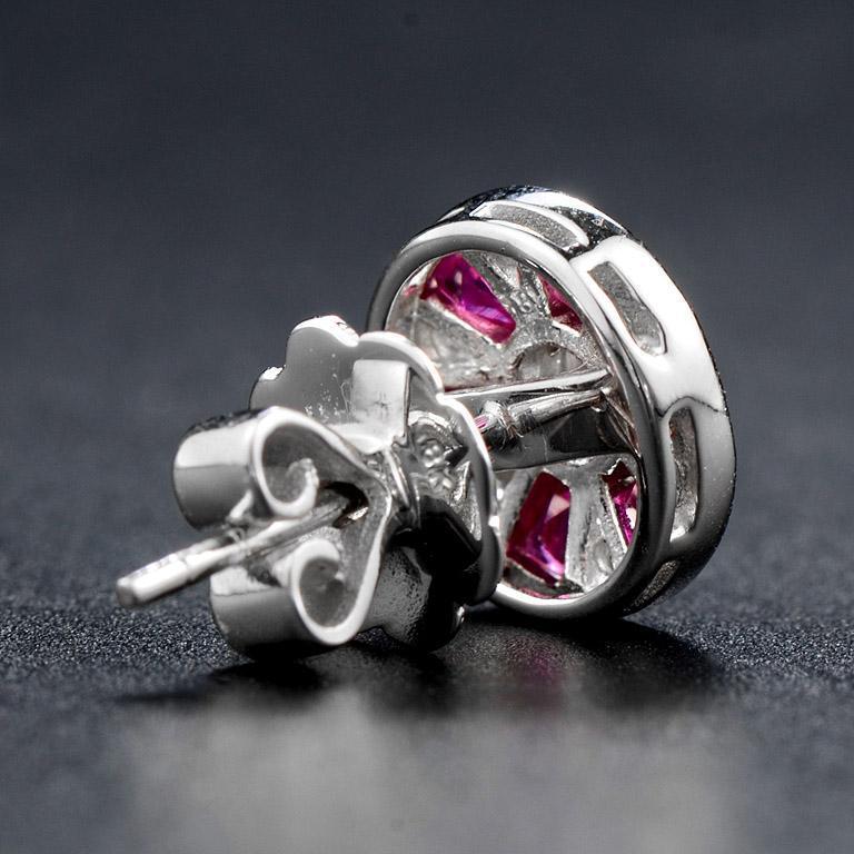 Women's Round Diamond & French Cut Red Pink Ruby Art Deco Style Stud White Gold Earrings For Sale