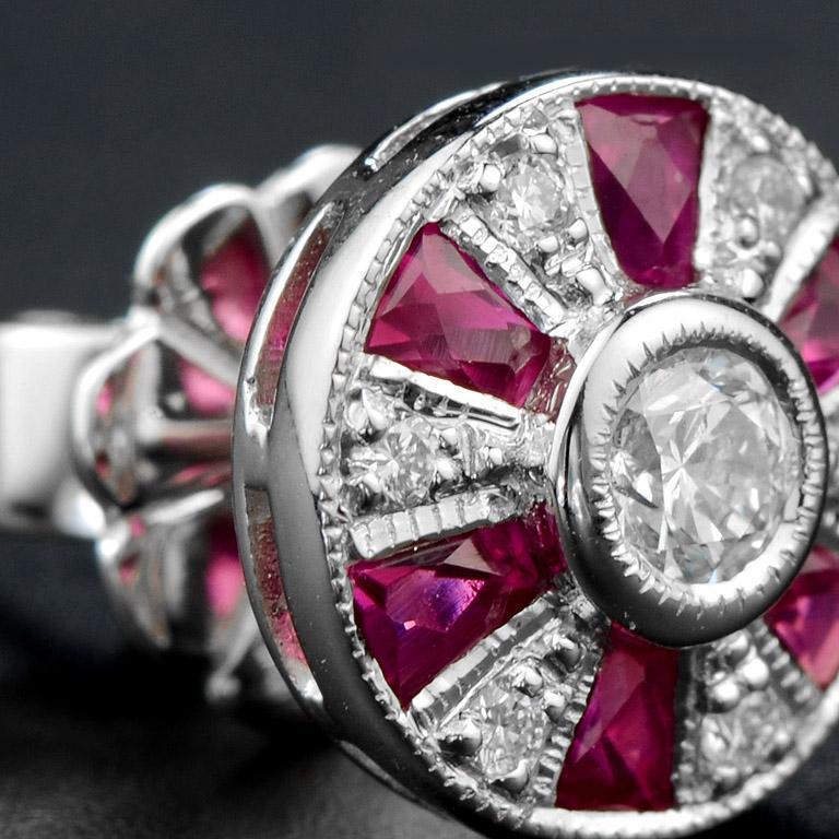 Round Diamond & French Cut Red Pink Ruby Art Deco Style Stud White Gold Earrings For Sale 1