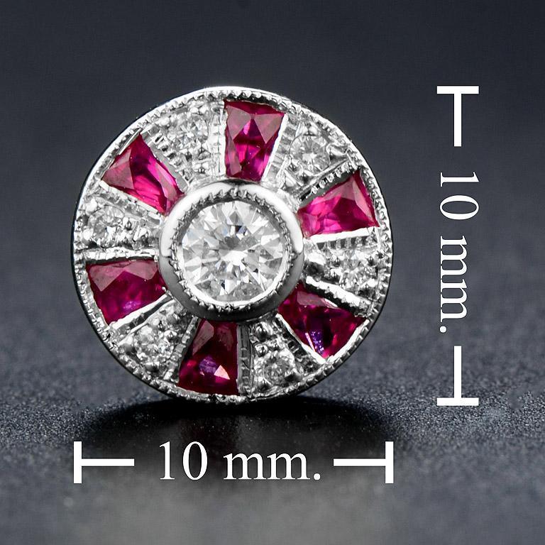 Round Diamond & French Cut Red Pink Ruby Art Deco Style Stud White Gold Earrings For Sale 2