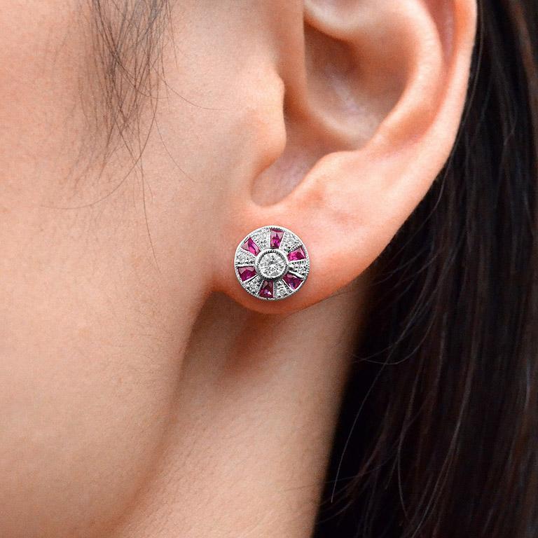 Round Diamond & French Cut Red Pink Ruby Art Deco Style Stud White Gold Earrings For Sale 3