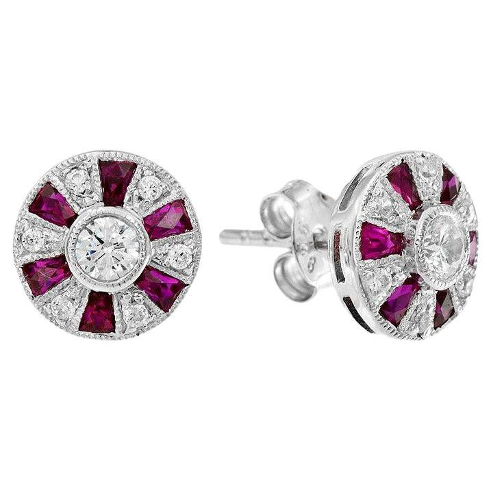 Round Diamond & French Cut Red Pink Ruby Art Deco Style Stud White Gold Earrings For Sale