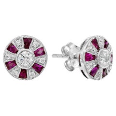 Round Diamond & French Cut Red Pink Ruby Art Deco Style Stud White Gold Earrings
