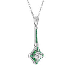 Round Diamond & Green Emerald Art Deco Style 14K White Gold Pendant Necklace