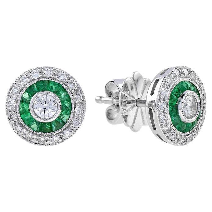 Round Diamond & Green Emerald Invisible Set Double Halo Stud White Gold Earrings